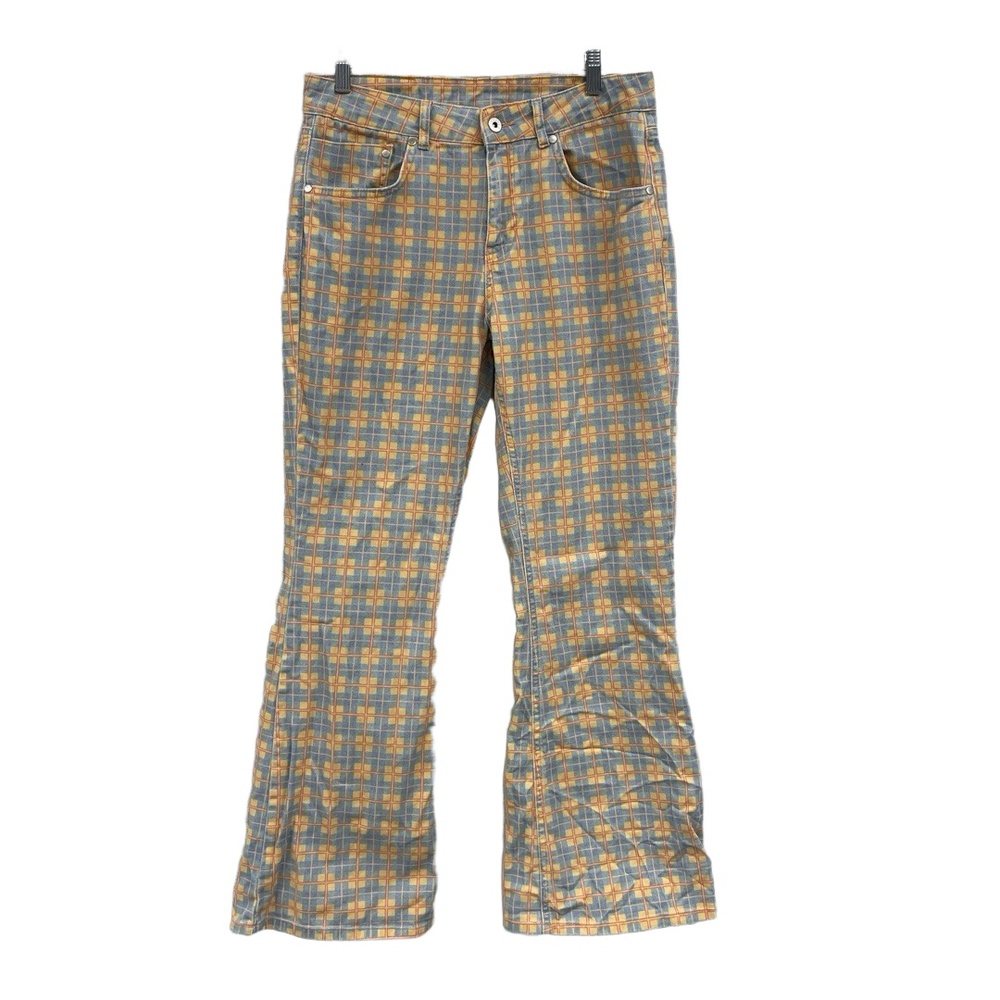 The Ragged priest Yellow Blue Plaid check Bell Bottom Flare Jean Pants Size 30